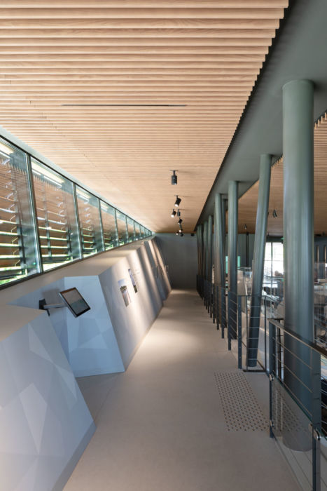 Basalt | Musée | Paladru Intérieur salle d'exposition avec poteaux inclinés et rampe d'accès